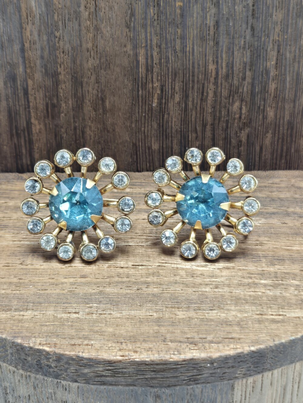 50's Signed Coro Blue Rhinestone Earrings Clip-On Screw Back Bow Gold Tone Stud